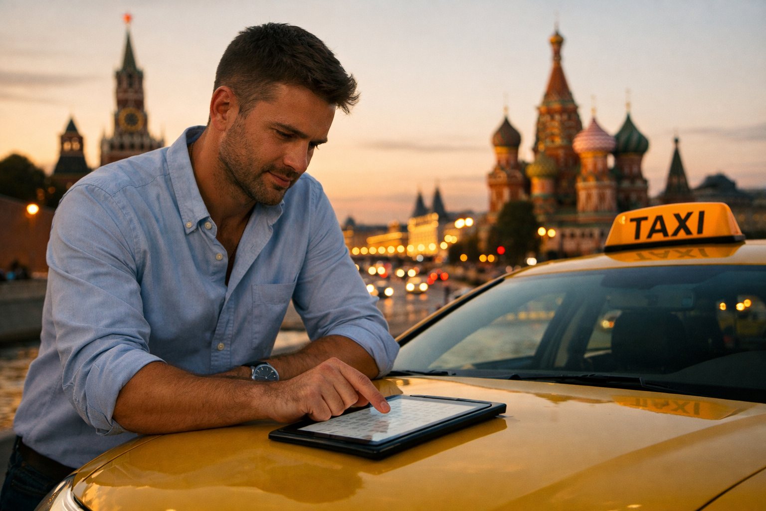 Арендованный автомобиль такси на стоянке вечером